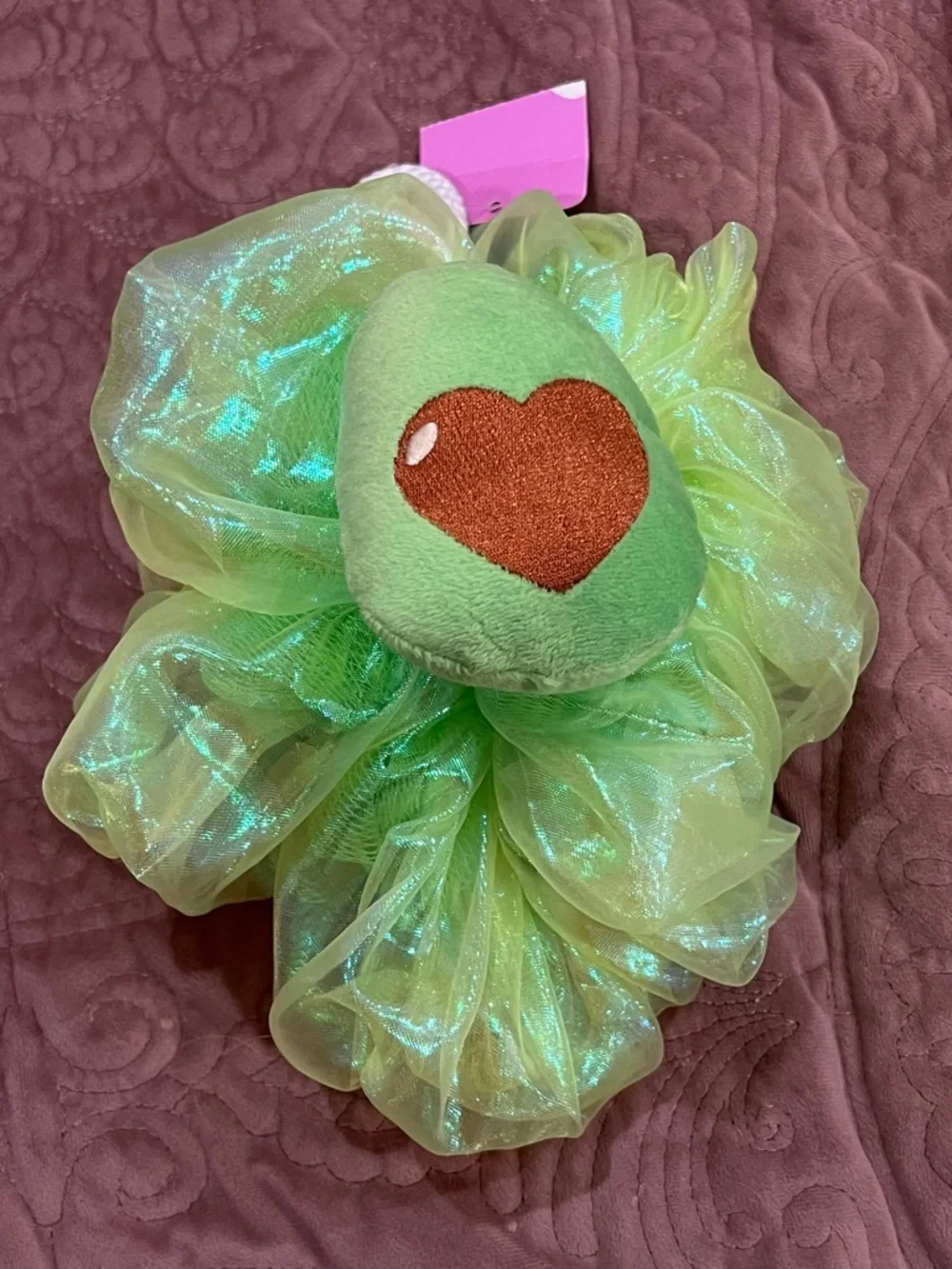 Green Iridescent Bow Lufa with Plush Heart Accent